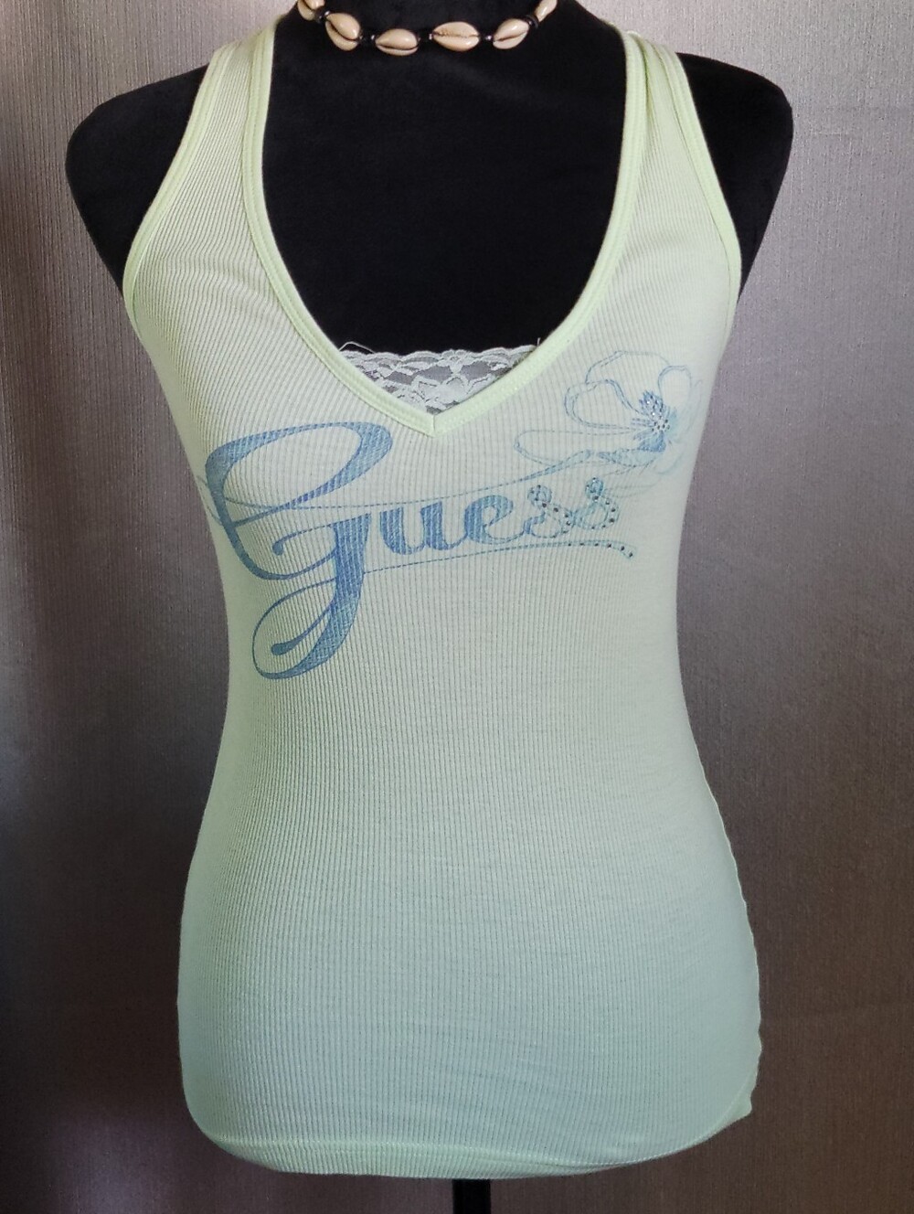 GUESS Light Green Ribbed V-Neck Tank with Blue Logo